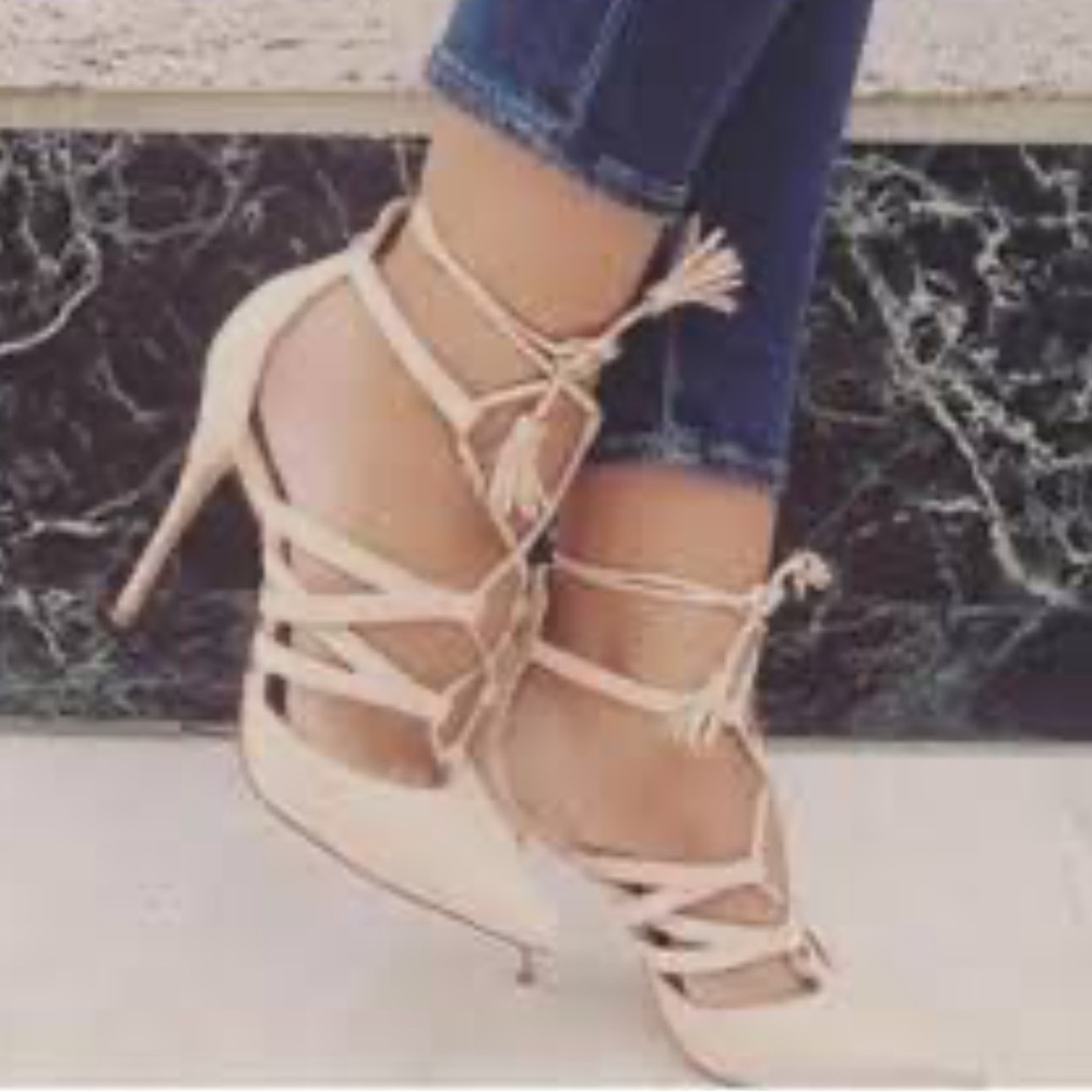 SCHUTZ Nude Beige Lace-Up Pointed Stiletto Heels